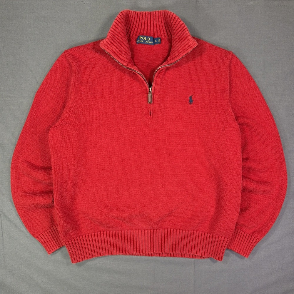 Polo Ralph Lauren Red Quarter Zip Sweater Large Preppy Classic Essentials